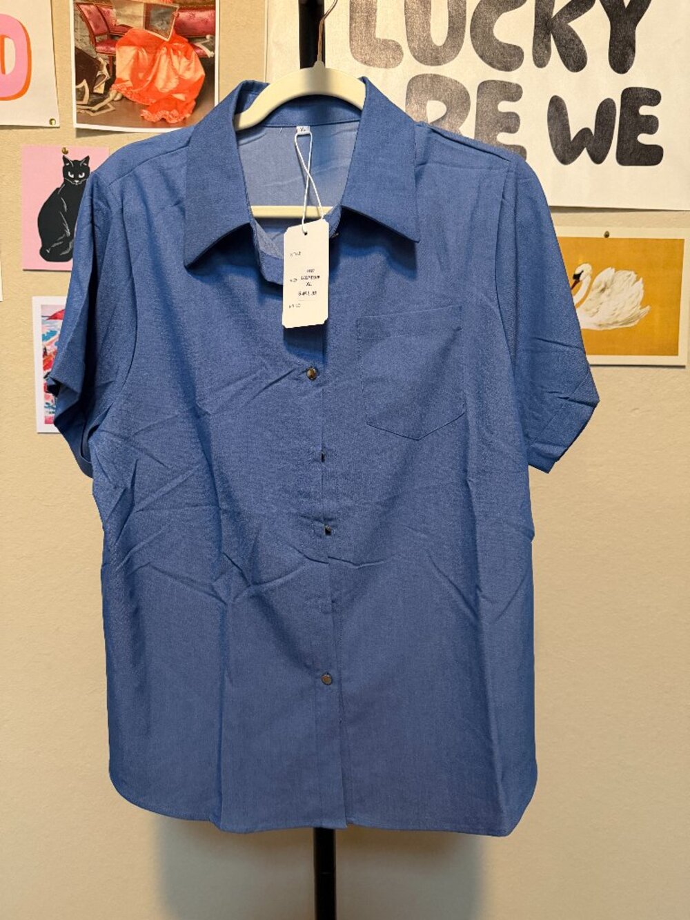 Fashion Icon NWT Denim Blue Button Down Short Sleeve Blouse Size XL